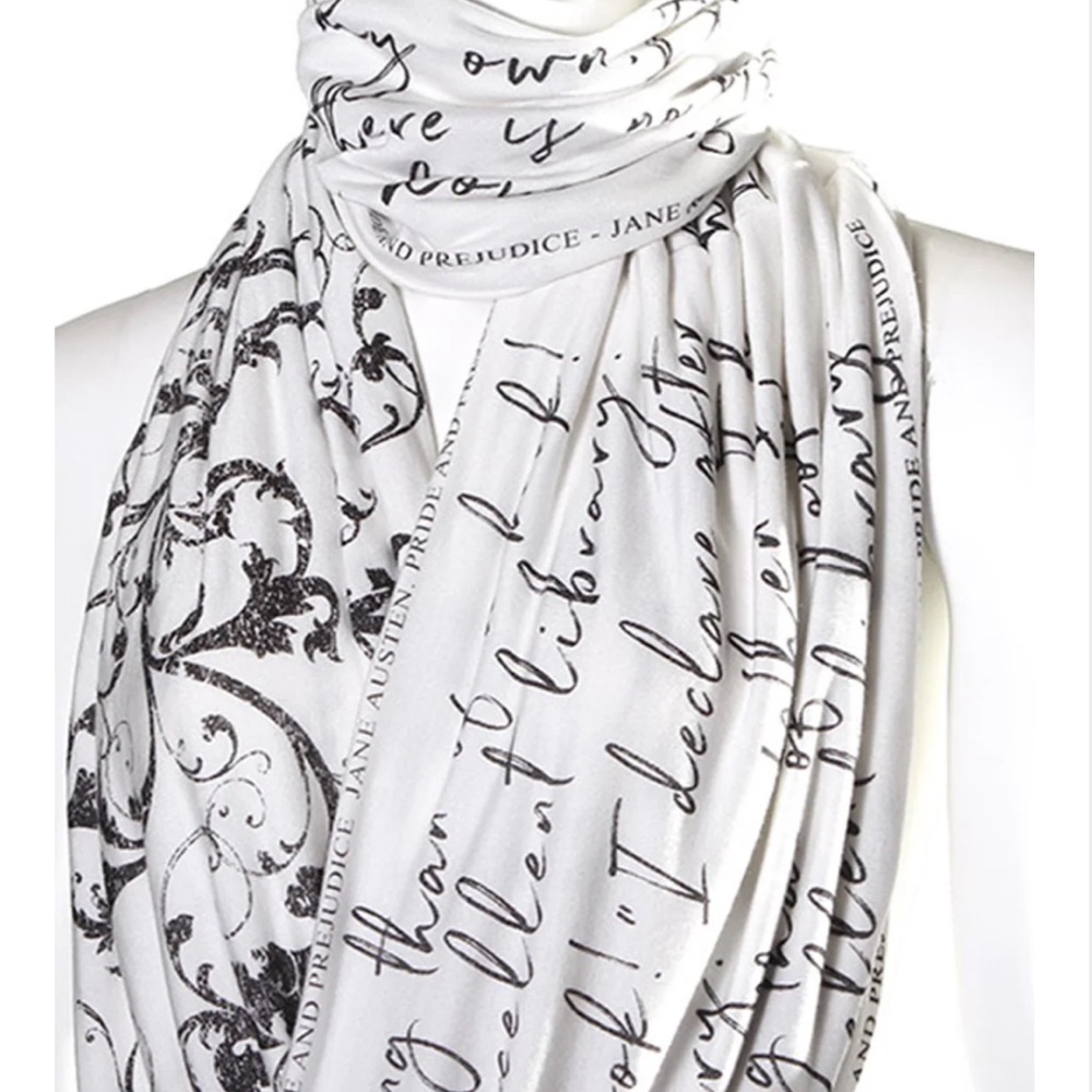 Literati Club Jane Austen pride and prejudice Chic White Scarf with Black Script